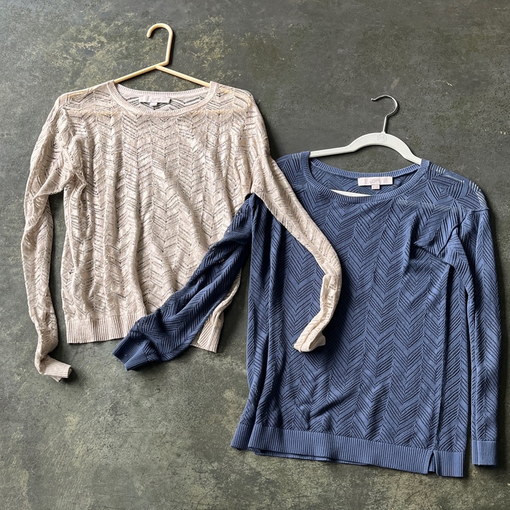 2 Women's Chevron Knit Sweaters - gold Cream and Blue